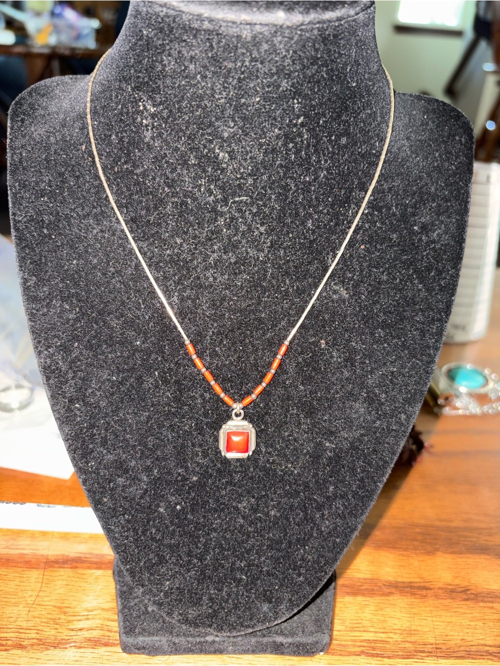 Sterling Silver Necklace with Red Bead Pendant. 8 1/2 inches